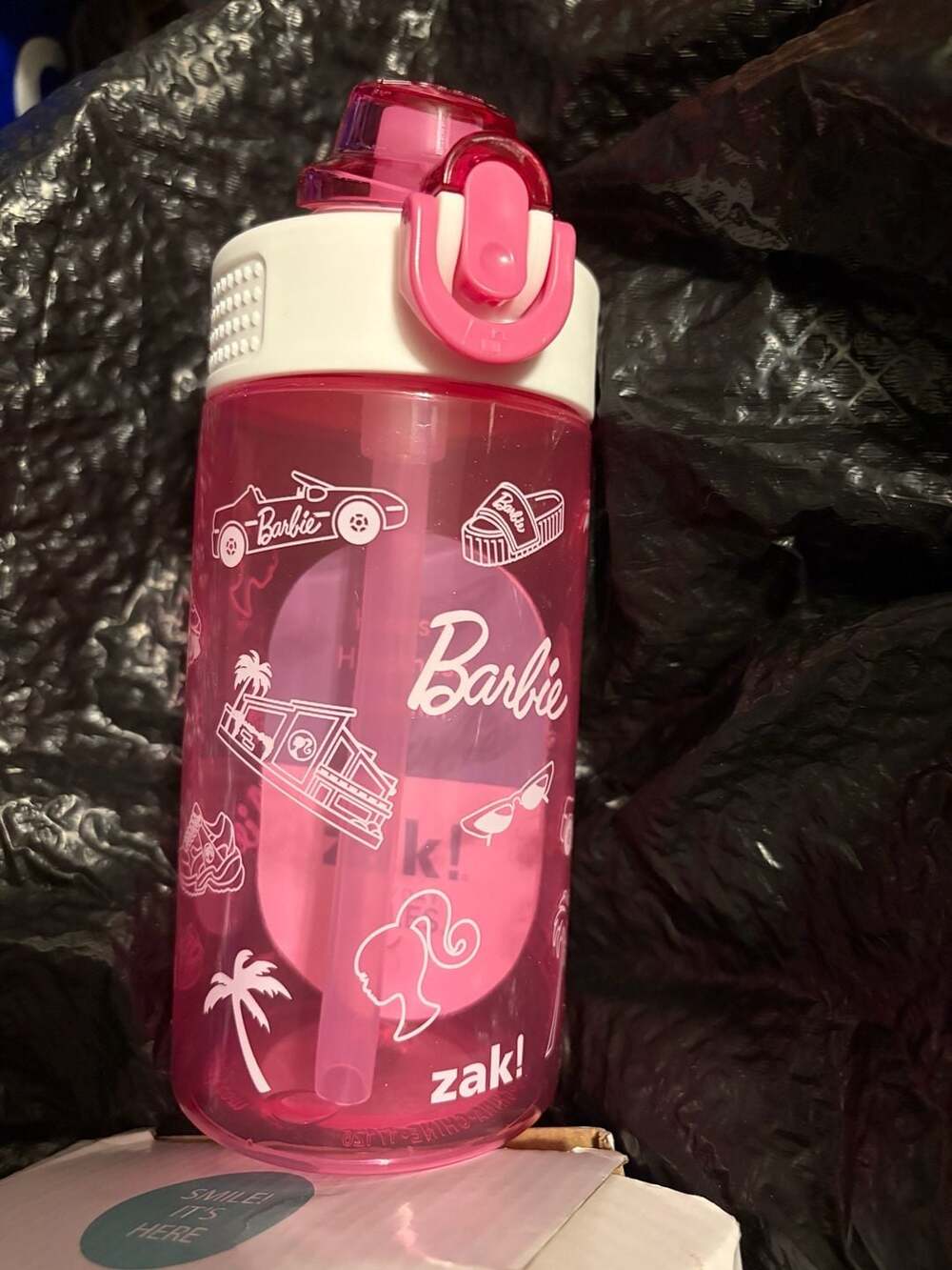 Zak Designs Barbie Pink 16oz Plastic Water Bottle with Spout Cover and Straw